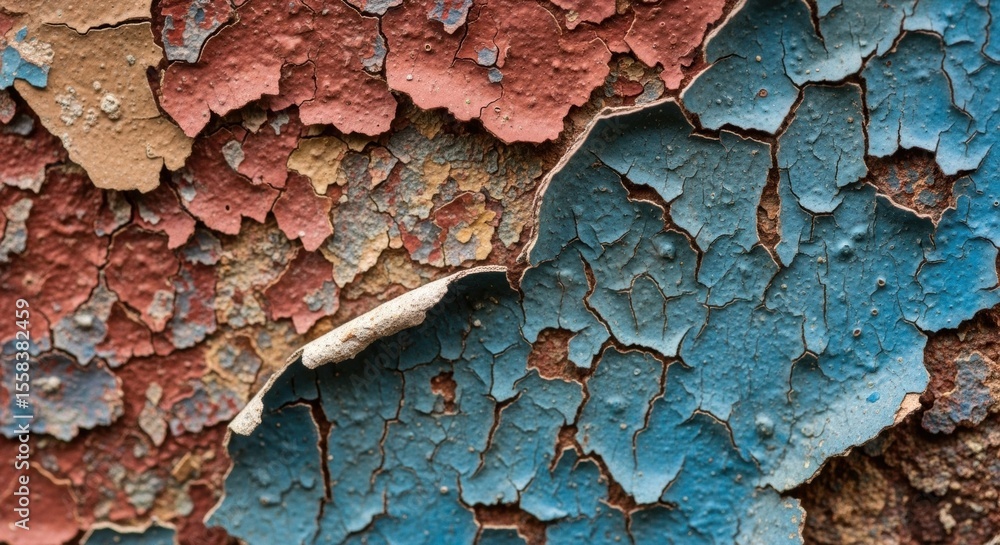 Poster close-up of weathered multi-colored peeling paint on surface showing textured layers