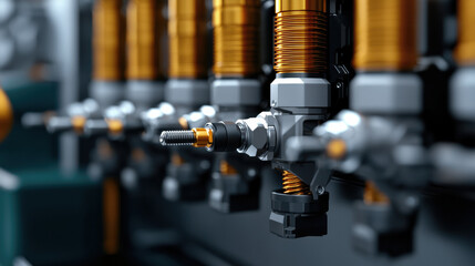 Fototapeta premium Close-up of industrial machinery with metallic components and copper coils, showcasing precision engineering and mechanical parts in a factory setting.