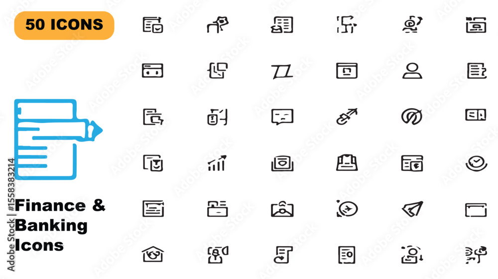 Poster collection of 50 finance and banking outline icons for web and mobile applications