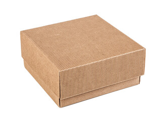 Corrugated cardboard box for packing delicate items isolated on white background
