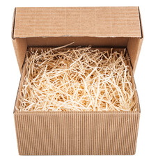 Corrugated cardboard box for packing delicate items isolated on white background