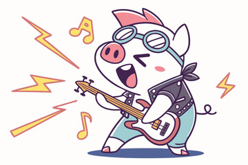 Vector cute Pig cartoon character, playing a guitar, rockstar pose, cool expression, dynamic lines, vibrant stage lights, isolated on white background
