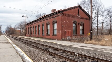 Obraz premium A weathered red brick train station building stands beside railway tracks on an overcast day, showing signs of age and disuse in a somewhat desolate landscape