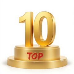 Golden top ten on podium isolated on white background