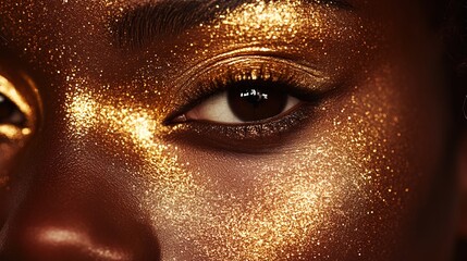 A luxurious metallic-gold makeup look with glossy highlights 