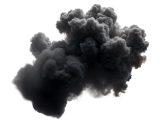 Dramatic black smoke cloud on a transparent background, ideal for creative projects, digital art, and graphic designs. Enhance your visuals with captivating textures and effects.