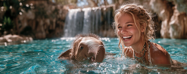 Happy female tourist plays with an elephant at a waterfall during her Thailand trip, surrounded by nature&rsquo;s beauty and joyful moments