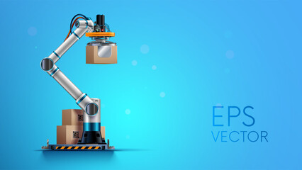 Robot hand or robotic arm sorts the cardboard boxes with products on factory warehouse. Logistics, automation industry concept. Box packages on pallet on storage. Robot palletizer realistic vector.