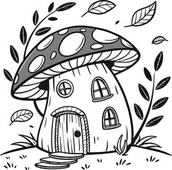 Whimsical vector cartoon illustration of an old mushroom house with a window, door, and birds, nestled in nature's autumn forest landscape with grass