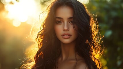 A Latina woman with long, wavy dark hair, glowing golden hour beauty