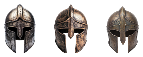 Collection of Spartan helmets, isolated on a transparent background