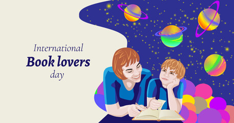 Mother and son reading book. Magical starry sky with colorful planets. International Book Lovers Day. Horizontal template. Vector illustration.