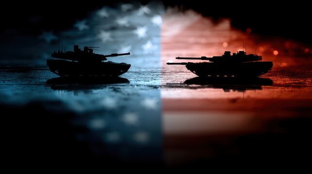Generic military assets like tanks and jets in profile silhouette over a divided background of the two flags, symbolizing historical military tension