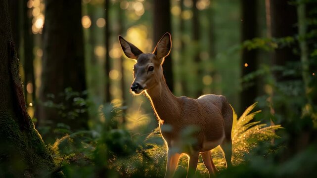 Roe deer pausing in sunlit forest clearing with soft golden light and lush green foliage creating peaceful natural atmosphere in woodland