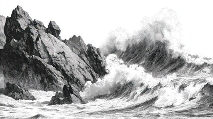 Gray-scale coastal scene with crashing waves