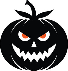 Naklejka premium Halloween Pumpkin Silhouette with Spooky Face, Scary Jack-o'-Lantern Icon for Halloween Graphics, Vector Black Pumpkin Illustration for Holiday Designs. Spooky Carved Pumpkin Silhouette.