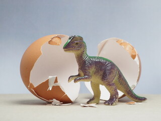Mini toy of action figure at table with blurred background. Toy photography concept design. Minifigure of dinosaurs character coming out from egg. New born concept. © awstoys