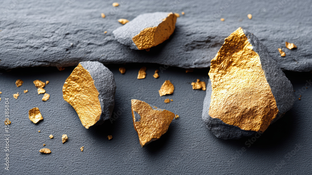 Poster gold dust and shiny gold ore fragments in macro view display natural mineral texture with metallic l