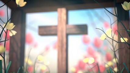 Naklejka premium Abstract Easter Composition with Wooden Cross and Floral Ambiance