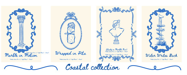 Poster set with Greek column, fast food, male statue head, and beach direction sign - cultural coastal poster bundle for modern interiors