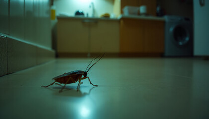 Close-up of a Cockroach Pest Crawling on a Dirty Kitchen Floor Indoors