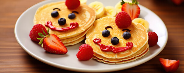 Delightful pancake breakfast with fruit toppings served on a plate in a cozy kitchen setting