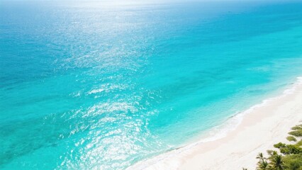 An overhead view shows a tropical beach with turquoise sea and white sand, dotted with coconut trees, presenting pure and romantic coastal scenery.