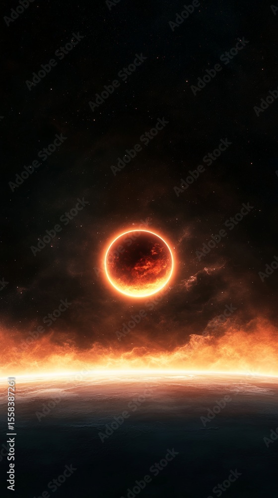 Aufkleber Glowing planet rising over the horizon of another planet in a distant galaxy, creating a breathtaking cosmic scenery with stars and nebulae in the background