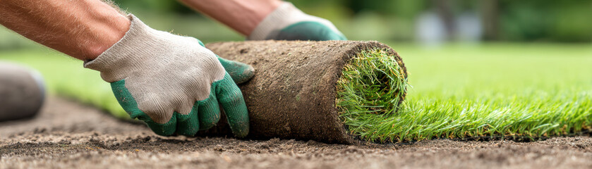 Professional landscaping crew meticulously laying new green sod. Worker hands carefully unroll fresh turf for backyard lawn installation expressing focused effort and job satisfaction