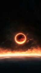 Obraz premium Glowing planet rising over the horizon of another planet in a distant galaxy, creating a breathtaking cosmic scenery with stars and nebulae in the background