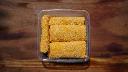 Rolls filled with smoked beef, mayonnaise, omega eggs and cheese. Delicious street food. Risol...