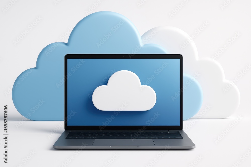 Poster cloud computing visualization: a minimalist visual of a laptop seamlessly connected to stylized clou