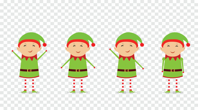 Cute Christmas Elf Characters in Green Outfits Isolated on Transparent Background