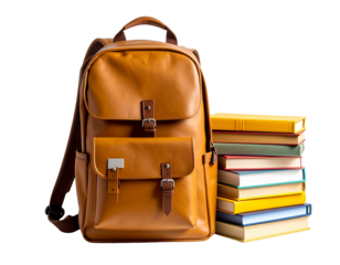 Side view of closed vintage school backpack with stack of books and colorful supplies beside it