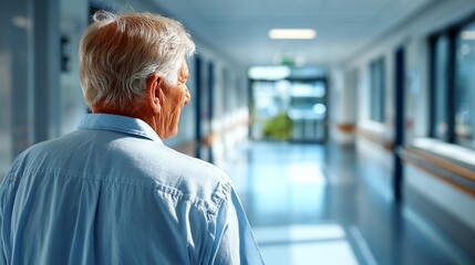 Senior man walks away down a bright hospital hallway