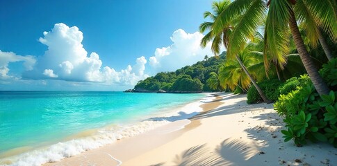 Obraz premium Secluded Tropical Beach Paradise Turquoise Waves Gently Lap Lush Foliage on a Deserted Island, Perfect for Relaxation and Escape