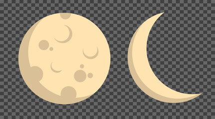 Full Moon and Crescent Moon Icons Isolated on Transparent Background