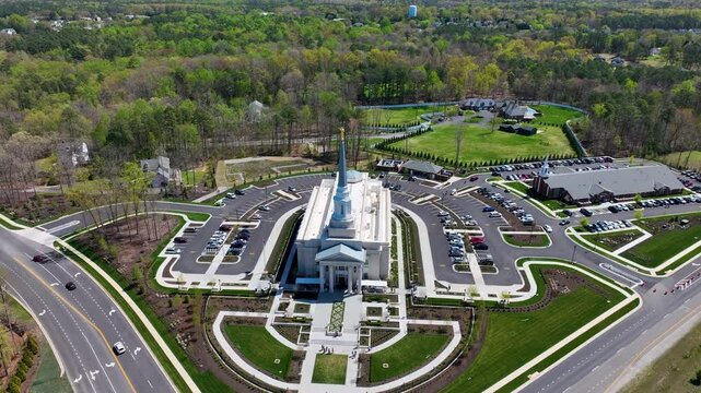 Aerial LDS Temple Richmond Virginia circle high 1. The Church of Jesus Christ of Latter-day Saints, LDS, Mormon Church. Christian religion. Spiritual sacred church. Urban neighborhood