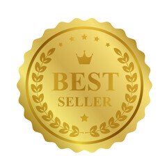 Gold sticker, template, label. Round shiny luxury premium vip metalic emblem Best Seller. Award, medal with crown, laurel branch, wreath. Isolated element on transparent background EPS10 Vector