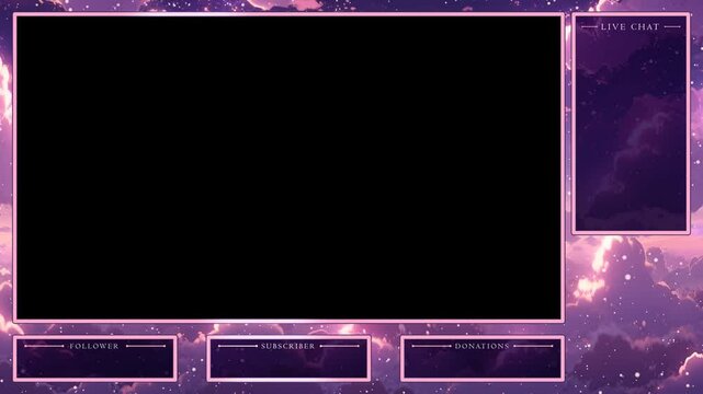 Intermission screen overlay for twitch and streaming. Fantasy and purple sky style with clouds