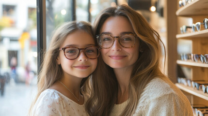 Happy Mother and Daughter Trying on Glasses at Optical Store