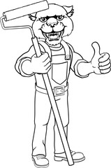 A panther painter decorator handyman cartoon construction man mascot character holding a paint roller tool