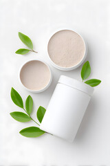 Vegan protein supplement packaging. Clean and minimal vegan protein powder package on white background. Ideal for health-conscious product presentations, wellness themes, and eco-friendly nutrition co