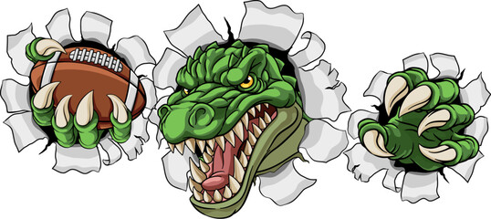 A crocodile, dinosaur or alligator lizard sports mascot holding an American football ball