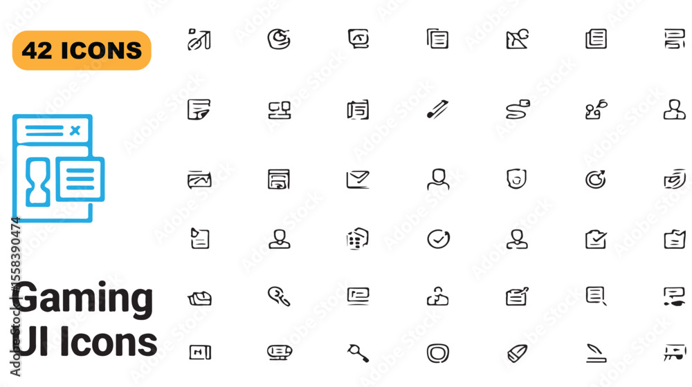 Poster collection of forty two hand drawn style gaming user interface icons in a minimalist design