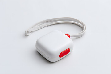 Wearable emergency alert device for seniors, clean design, white background. Smart emergency alert pendant designed for elderly safety. Features a sleek, intuitive design with easy access, ideal for c