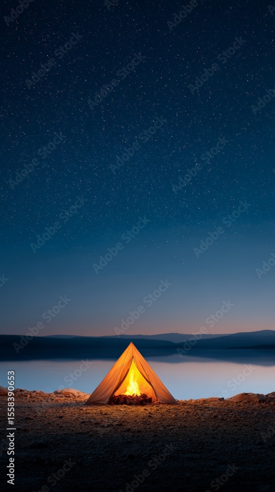 Poster illuminated tent with a burning campfire on the shore of a lake under a beautiful starry night sky, 