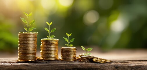 The coins representing financial growth with flourishing green plants.