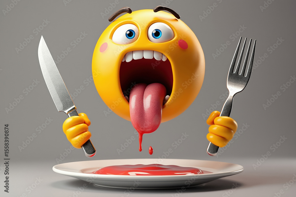 Poster emoji character with knife and fork hovering over a plate of red sauce expressing extreme hunger