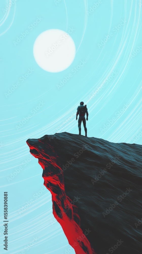 Poster Astronaut stands on the edge of a cliff on an alien planet, gazing at a large, bright moon in the sky, with swirling light trails adding an ethereal touch to the scene